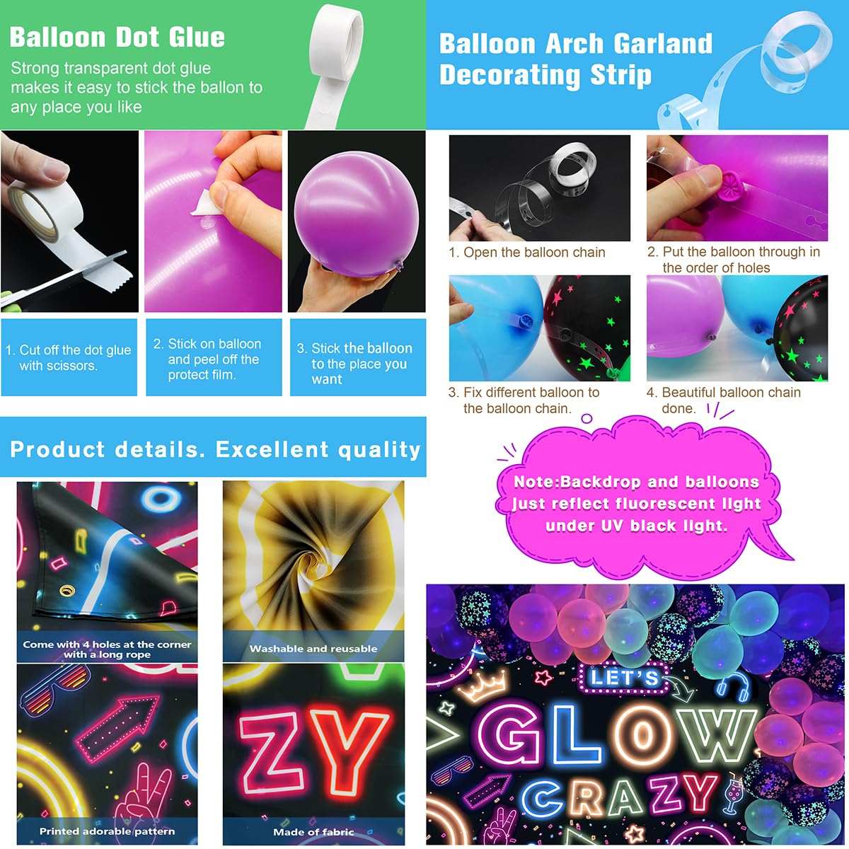 🎧 Let’s Glow Crazy Set – Balloons + Backdrop for Instant Vibes