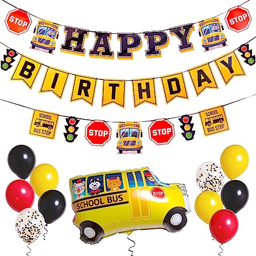 Wheels on the Bus Birthday Decorations – School Bus Party Kit with Balloons, Cake Topper & Banner