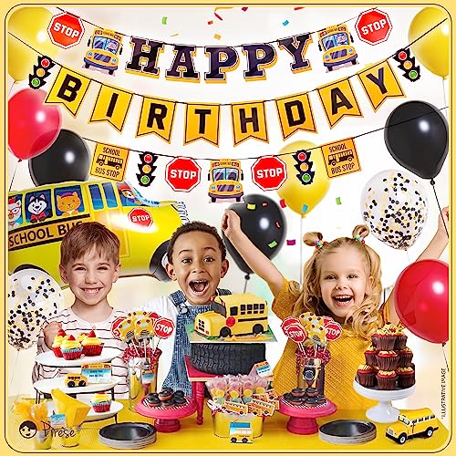 Wheels on the Bus Birthday Decorations – School Bus Party Kit with Balloons, Cake Topper & Banner