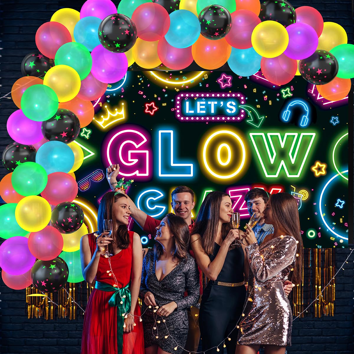 🎧 Let’s Glow Crazy Set – Balloons + Backdrop for Instant Vibes